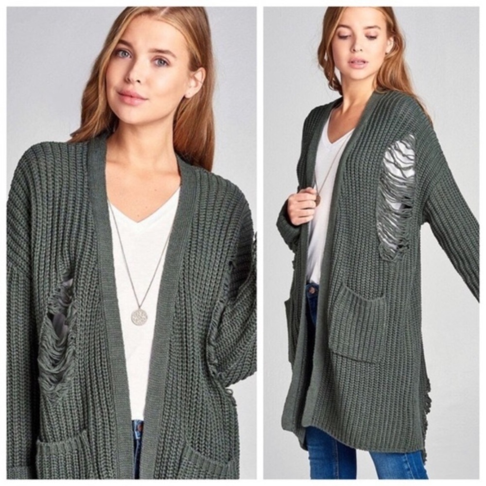 Last 2!! Hunter Green Distressed Cardigan
